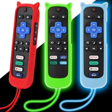 Imagem de Pacote com 3 capas para controle remoto Roku, capa de silicone compatível com TCL Roku TV/Hisense/Streaming Stick/Express, capa protetora antiderrapante à prova de choque que brilha no escuro verde
