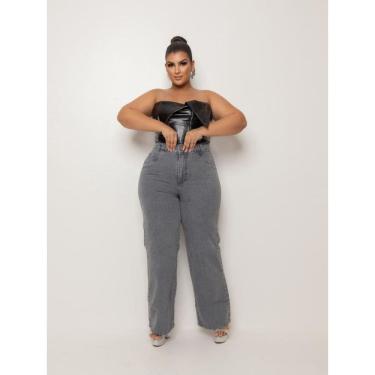 Imagem de Calça Jeans Feminina Retrô Wide Leg Plus Size Pantalona
