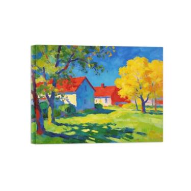 Imagem de BMZFYBS Impressão em tela de arte de parede de paisagem - pintura de árvore de casa vermelha - quadros para sala de estar pronta para pendurar tela embrulhada 60 x 80 cm 24 x 31 pol