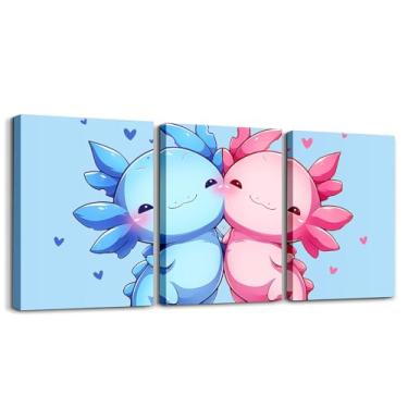 Imagem de Erosebridal Conjunto de arte de parede em tela axolotls de desenho animado com 3 axolotls rosa azul fofo decoração de parede para meninas meninos crianças oceano costeiro animal emoldurado pinturas