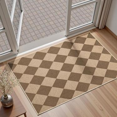 Imagem de EDIMENS Tapete quadriculado de juta fácil, tapete de porta frontal 5 x 7 cm pequeno tapete antiderrapante lavável, tapete de área externa diamante de fazenda tapete de porta marrom para entrada de