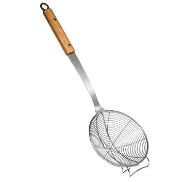 Imagem de Coador de Aço Inoxidável Colander Skimmer com Cabo Madeira Malha para Macarrão Batata Frita Massa Ferramenta Cozinha Resistente e Fácil Limpar Design Ganchos Borda da Panela - Queimadura Grip Confortá