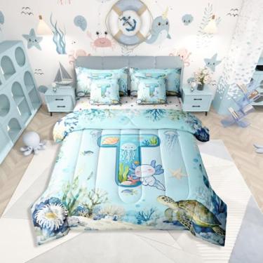 Imagem de Erosebridal Conjunto de edredom solteiro de desenho animado Axolotl, 7 peças, fofo, azul, letra T, para crianças, adolescentes, desenho animado, salamandra do oceano, cama em uma bolsa com lençóis
