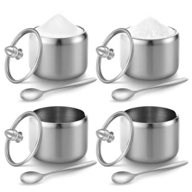 Imagem de Pacote com 4 açucareiros de 290 ml com tampa e colher, recipiente de creme de açúcar de aço inoxidável durável para cafeteria, acessórios de cozinha, recipientes de armazenamento de alimentos