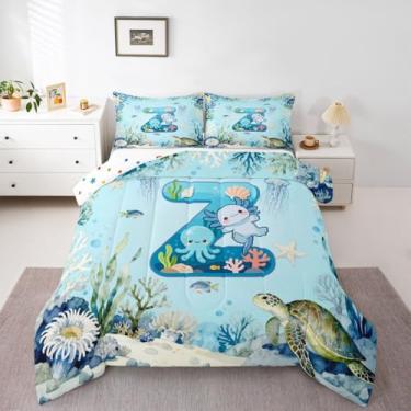 Imagem de Erosebridal Jogo de cama com estampa de axolote azul fofo com letra Axolotl para crianças, meninos, meninas, personalizado, com letra Z, mundo subaquático, edredom