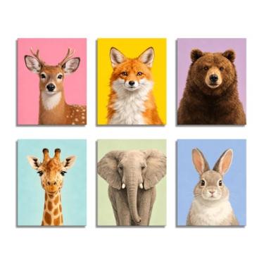 Imagem de Cawpom Conjunto de 6 lindas artes de parede de animais da floresta, impressões de retratos de animais coloridos para quarto de crianças pré-escolares, berçário, sala de jogos, urso raposa, cervo