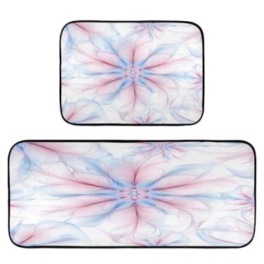 Imagem de xigua Conjunto de 2 peças de tapetes e tapetes de cozinha de flores de fantasia azul absorvente macio para chão tapete de cozinha antiderrapante conjunto de capacho de cozinha, 50 x 120 cm + 50 x 70