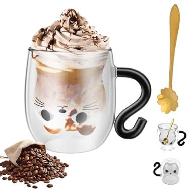 Imagem de Caneca de café de gato, caneca de vidro de parede dupla de gato fofo 240 ml, caneca de chá de vidro de café com colher, caneca de gato fofo com alça para leite de cappuccino