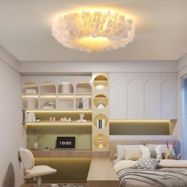 Imagem de Luminária de teto com penas, luminária pendente feita à mão com penas de ganso com 3 temperaturas de cor, lustre moderno nórdico de embutir para sala de estar e quarto, soquete E27 em ferro