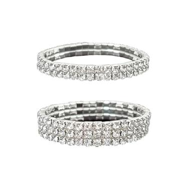 Imagem de 2 pulseiras de strass para mulheres, empilháveis, com strass, conjunto de pulseiras de tênis de prata brilhante, conjunto de pulseiras de casamento para noivas, joias brilhantes ou presentes de noiva