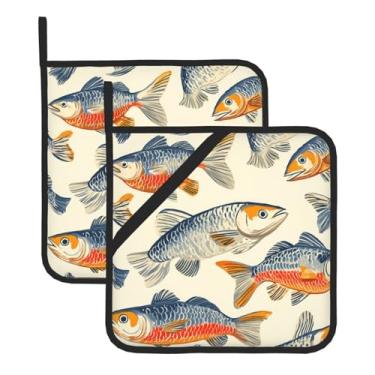 Imagem de Conjunto de tapetes com isolamento térmico impresso com figura de peixe (pacote com 2), adequado para micro-ondas, grelhar, cozinhar e assar