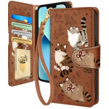 Imagem de Toycamp Capa carteira para iPhone 13 com alça de pulso - Capa de telefone flip de couro com bloqueio RFID 4 porta-cartões para Apple para iPhone 13 Funda estética fofa para mulheres senhoras, gato