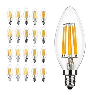 Imagem de Lâmpadas LED E14 tipo vela, 6W, não dimerizáveis, equivalentes a 60W, branco quente 2700-3000K, pequenas, com rosca Edison, para lustres, filamento vintage C35, pacote com 20 unidades.