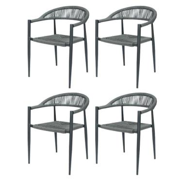 Imagem de Kit 4 Cadeiras Empilhável Laguna Trancoso Fratini Aluminio Preto Assento Trama Corda Náutica Preto