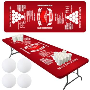 Imagem de Moukeren Toalha de mesa para jogos de futebol de 1,8 m com 4 bolas de jogo com bordas elásticas I Sink It You Drink It, decoração de festa para mesa retangular vermelha touch down