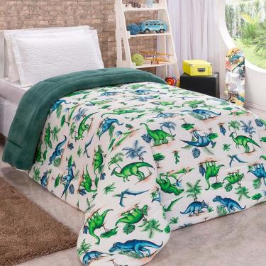 Imagem de Edredom Diverkids Solteiro Infantil Malha Estampada 1 Peça - Dinossauro Verde
