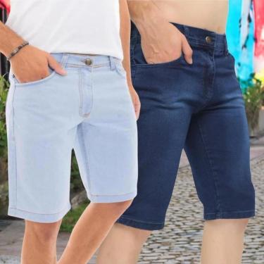 Imagem de Kit 2 Bermudas JEANS LISA Masculinas Casual Elastano Short Slim Preta Azul Azul Claro 1046-Masculino