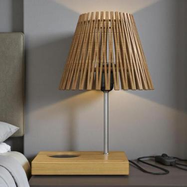 Imagem de Abajur Luminária Mesa Ripado Suporte Celular Madeira Natural - Drop de