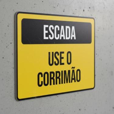 Imagem de Placa Acm Escada Use Corrimão Amarela 18X23 - Sinalizo