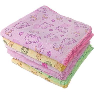 Imagem de Kit 5 Cueiro Flanelado Estampado 80X80Cm Com Crochê Feminino - Dugu