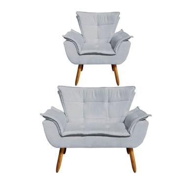 Imagem de Kit Namoradeira 2 Lugares E 1 Poltrona Decorativa Pés Palito Opla Suede Cinza - Ibiza