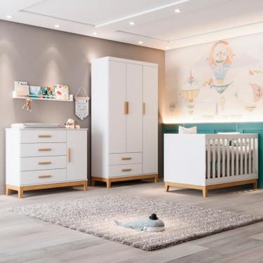 Imagem de Quarto Bebê Completo Berço Americano 3Em1 Hellen Cômoda Infantil Guarda Roupa 3 Portas 100% MDF