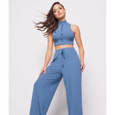 Imagem de Calça Salvatore Fashion Wide Leg Malha Canelada Feminina-Feminino