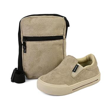 Imagem de Kit Tênis Esportivo Slip On Infantil Menino Com Bolsa Iate Calce Fácil Marfim Gatatuya-Masculino