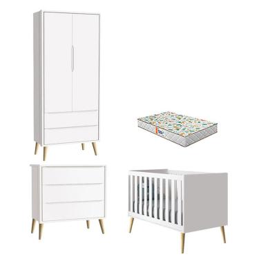 Imagem de Quarto de Bebê 2 Portas e Cômoda Gaveteiro Theo Branco Pés Madeira Natural com Colchão...