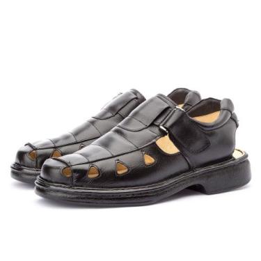 Imagem de Sandalia Em Couro Masculina Calce Facil Tira Autocolante Ortopedica Co