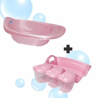 Imagem de KIT BANHO BEBE BANHEIRA, ORGANIZADO, PORTA ALGODÃO/COTONETE Cor:Rosa P