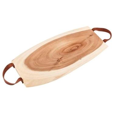 Imagem de Tábua de Corte Servir Oval Retangular Madeira com Alça Couro 38cm BTC