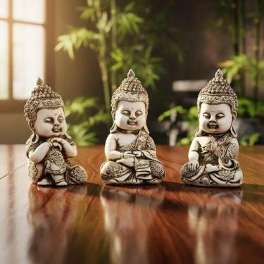 Imagem de Trio De Estatuetas Budas Bebê Sábios Índia Hindu Budismo Branco Envelh