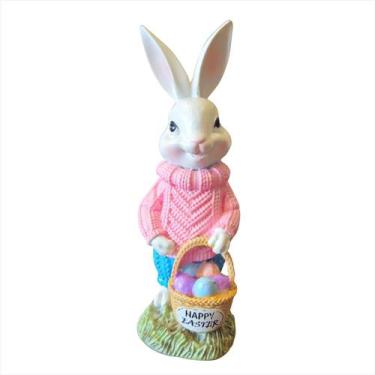 Imagem de Coelho Rosa Com Cesta De Ovos Happy Easter Resina Decoração Páscoa - F