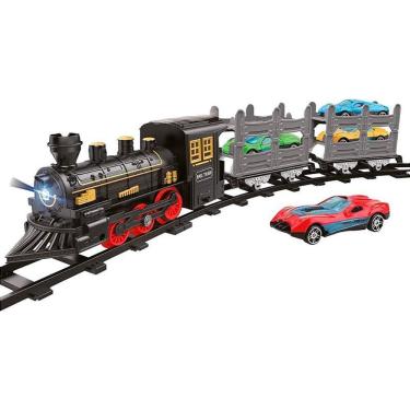 Imagem de Locomotiva Trem Transporte com 4 Carrinhos e 2 Vagões Luz Som e Efeito de Fumaça DM Toys