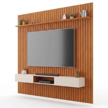 Imagem de Painel com Bancada Suspenso para Tv Trento 250 250CM MDF com Detalhe Ripado Off White DJ Móveis
