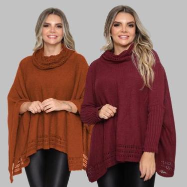 Imagem de Kit 2 Poncho Feminino Tricot Mousse Liso Gola Alta Casaco Lã - Rosilen