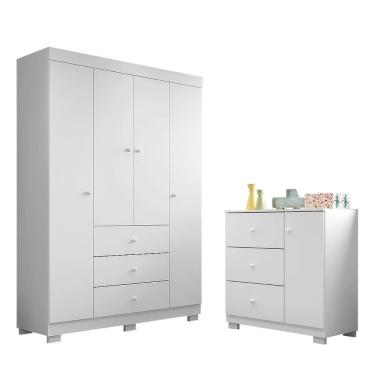 Imagem de Jogo de Quarto Infantil Duda com Guarda Roupa 4 Portas e Cômoda 1 Porta 3 Gavetas MDF Branco Phoenix Baby