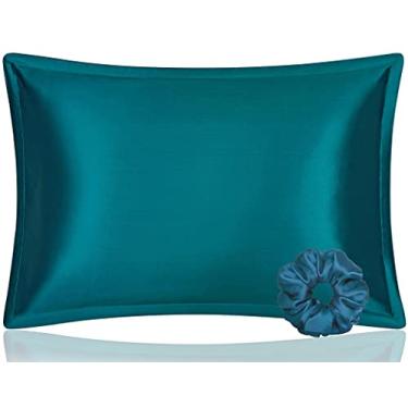 Imagem de Fronha DISANGNI 100% seda de amoreira, para cabelo e pele, tipo envelope, seda real de um lado [verde-azulada, Queen (50 x 75 cm)]
