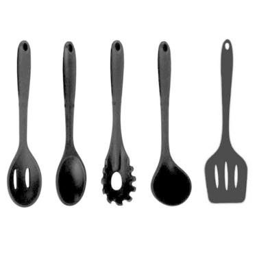 Imagem de Jogo Colheres Utensílios Silicone Maciço Preto 5 Peças
