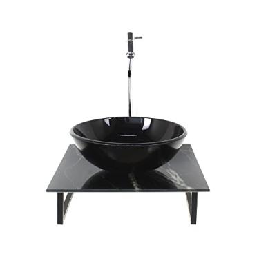 Imagem de KIT CUBA DE VIDRO REDONDA 10MM COM TAMPO DE VIDRO 40CM X 40CM MÁRMORE PRETO E SUPORTE TORNEIRA VALVULA