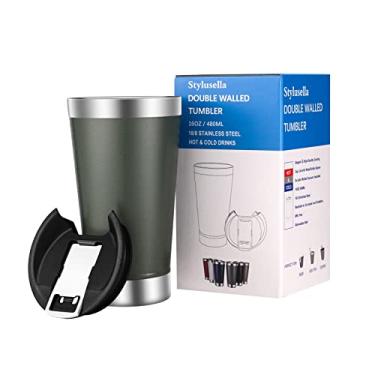 Imagem de Stylusella Tumbler, Caneca de cerveja de aço inoxidável 16oz/480ml, copo de vidro de pinta, copo isolado a vácuo de parede dupla, tampa de chávena com abre-garrafas de metal, mantém as bebidas frias ou quentes, perfeito para cerveja, café, chá gelado e outras bebidas (Sábio)