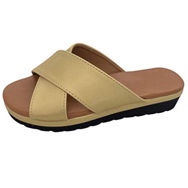 Imagem de Sandálias de verão para mulheres chinelos de praia moda dedo do pé feminino aberto sandálias romanas sapatos grossos cunhas, Amarelo, 11