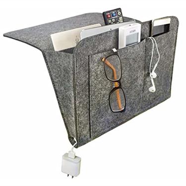 Imagem de 2 Pacote 5 Bolsos Feltro Cabeceira Caddy Cinza Saco de Armazenamento de Cabeceira Organizador de Armazenamento de Cama Bolso de Cabeceira Mais Grosso com Furos de Cabo para Revista de Telefone Remoto (Cinza escuro)