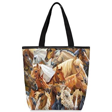 Imagem de Sacola de lona para meninas, sacolas de compras ecológicas reutilizáveis e reutilizáveis para compras, bolsa de praia para livros, bolsa de ombro lavável, D - cavalo, Large