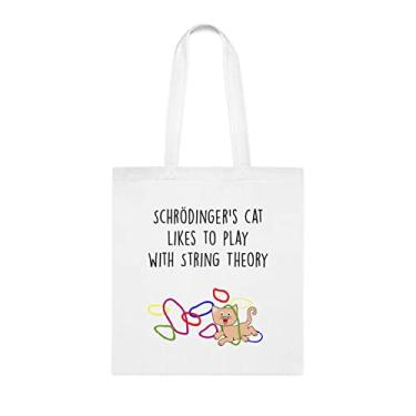 Imagem de Schrdinger Cat Likes To Play With String Theory, Sacola Engraçada, Bolsa de Ombro, Sacolas Reutilizáveis, Cesta de Aniversário de Natal, Branco