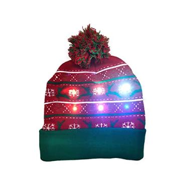 Imagem de Yajun Chapéu de malha de Natal de inverno moda quente chapéu grosso com luzes LED decoração de festa de Natal 2 peças boné novidade (tamanho único), vermelho