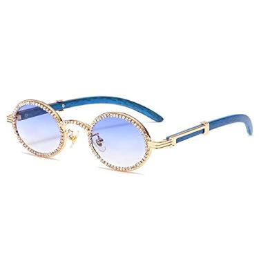 Imagem de Óculos de sol de luxo brilhante moldura de cristal para mulheres vintage pequeno oval perna de madeira strass óculos de sol masculino hip hop redondo, azul dourado, com estojo