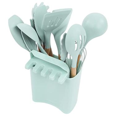 Imagem de Conjunto de colher de espátula, utensílios de cozinha de silicone com cabo de madeira multiuso à prova de queimaduras com suporte para casa (verde escuro)