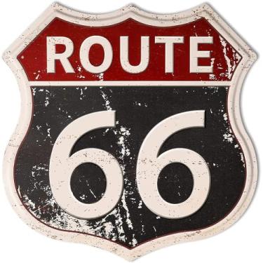 Imagem de HANTAJANSS Route 66 Sinalização de estrada vintage decoração de quarto placa de metal placa de estrada retrô placa de decoração de lata para decoração de casa, quarto e garagem 30 x 30 centímetros
